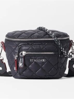 MZ Wallace Black Quilted Mini Crossbody with Chain-Accent Strap